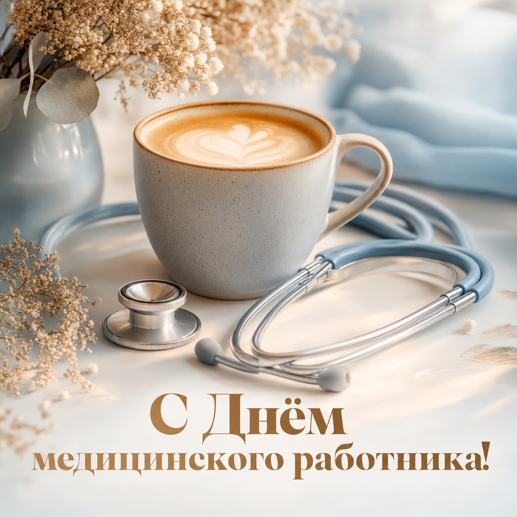 Уютная открытка ко Дню медицинского работника с чашкой кофе и стетоскопом на рабочем столе.