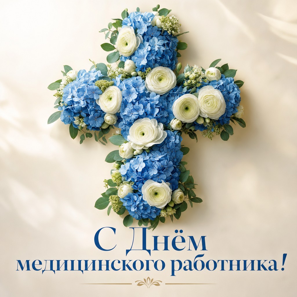 Премиальная цветочная открытка ко Дню медицинского работника с медицинским крестом из гортензий.