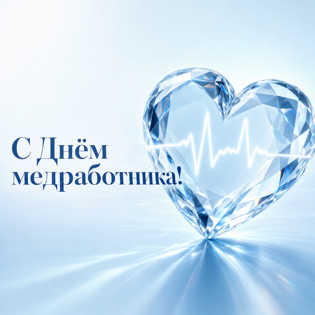 Стильная открытка ко Дню медицинского работника с хрустальным сердцем и линией пульса.