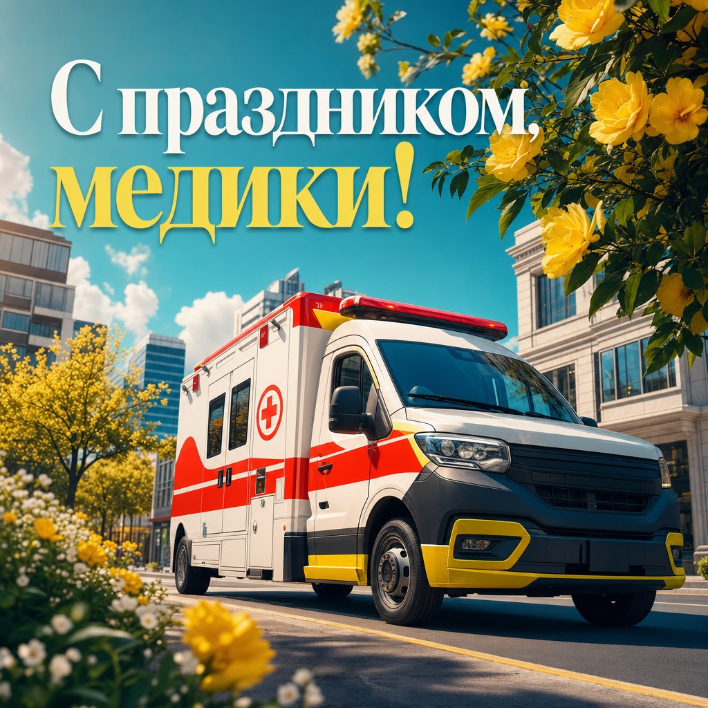 Яркая современная открытка ко Дню медицинского работника с машиной скорой помощи в городе.
