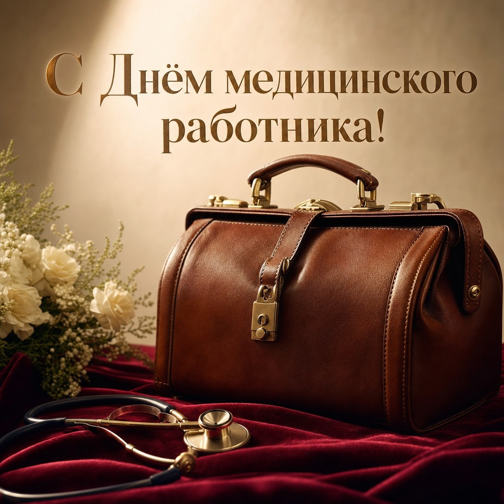 Респектабельная открытка ко Дню медицинского работника с кожаным медицинским саквояжем.