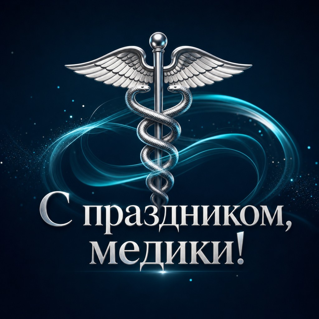 Современная открытка ко Дню медицинского работника с сияющим медицинским символом на синем фоне.