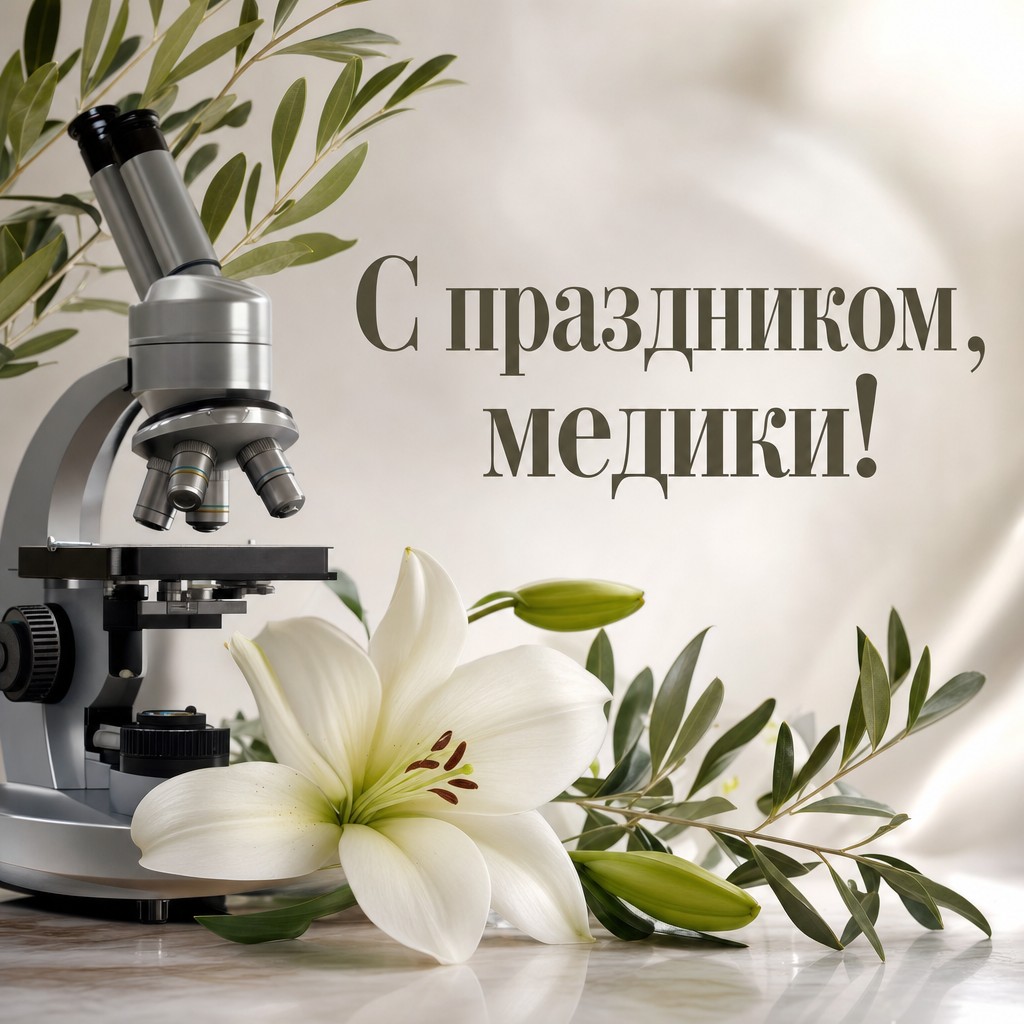 Элегантная открытка ко Дню медицинского работника с микроскопом и белыми лилиями.