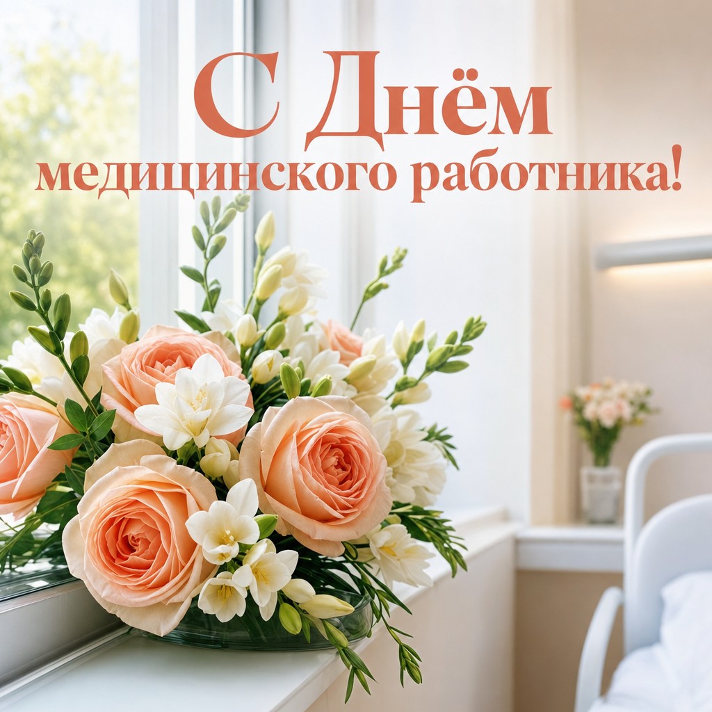 Светлая открытка ко Дню медицинского работника с окном палаты и нежными цветами на подоконнике.