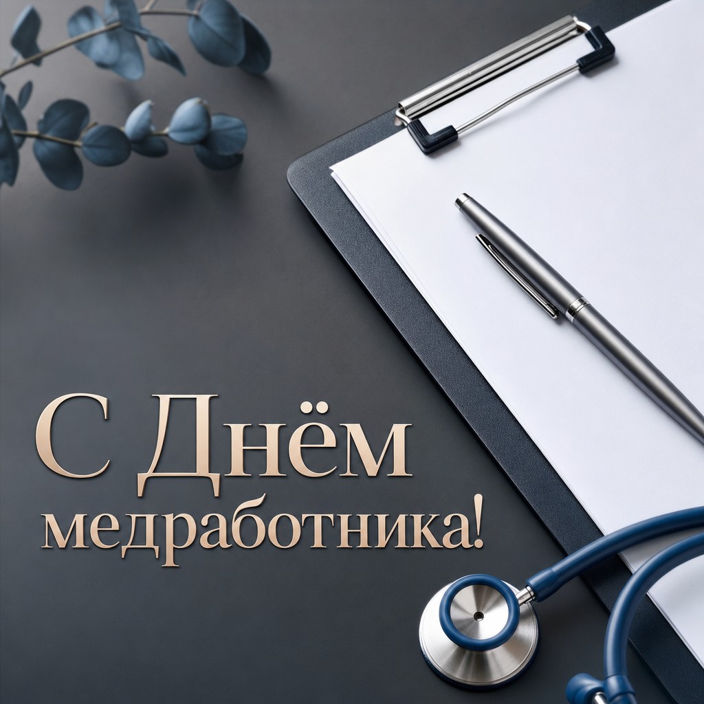 Современная минималистичная открытка ко Дню медицинского работника с планшетом врача и ручкой.