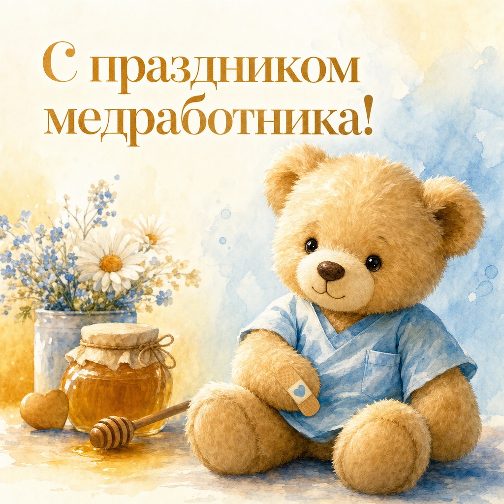 Трогательная акварельная открытка ко Дню медицинского работника с плюшевым медвежонком.