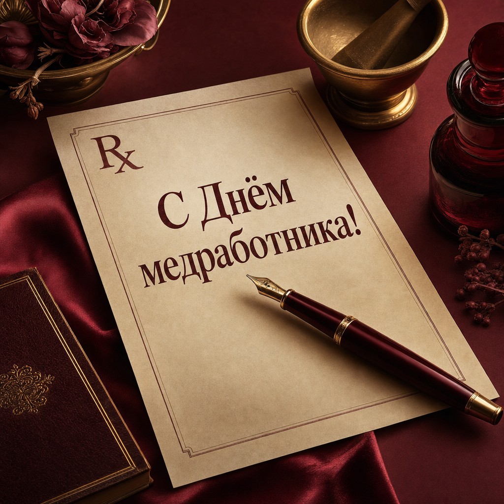 Элегантная открытка ко Дню медицинского работника с бумажным рецептом и перьевой ручкой.