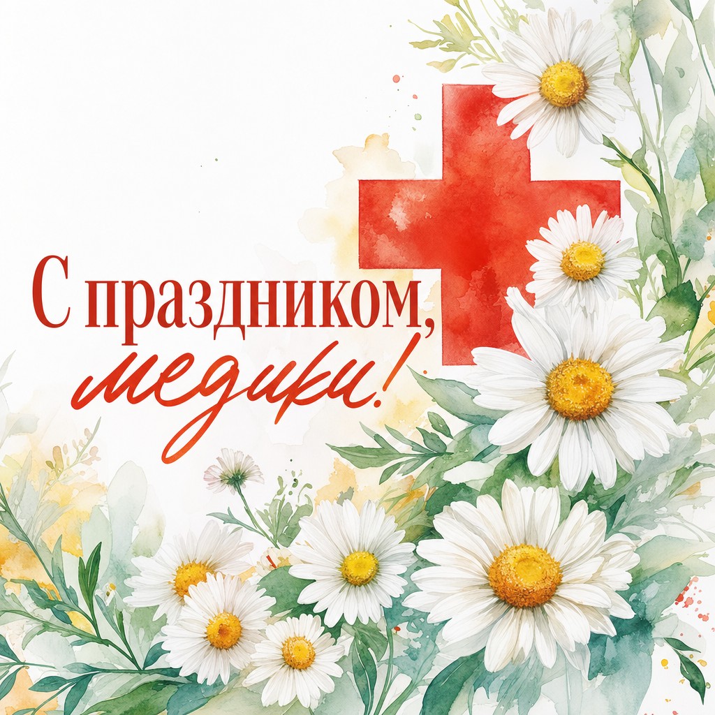 Светлая акварельная открытка ко Дню медицинского работника с ромашками и медицинским крестом.