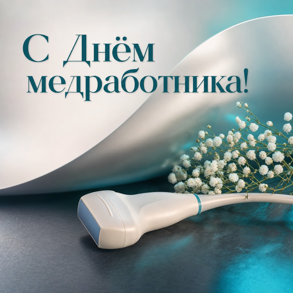 Современная премиальная открытка ко Дню медицинского работника с ультразвуковым датчиком.