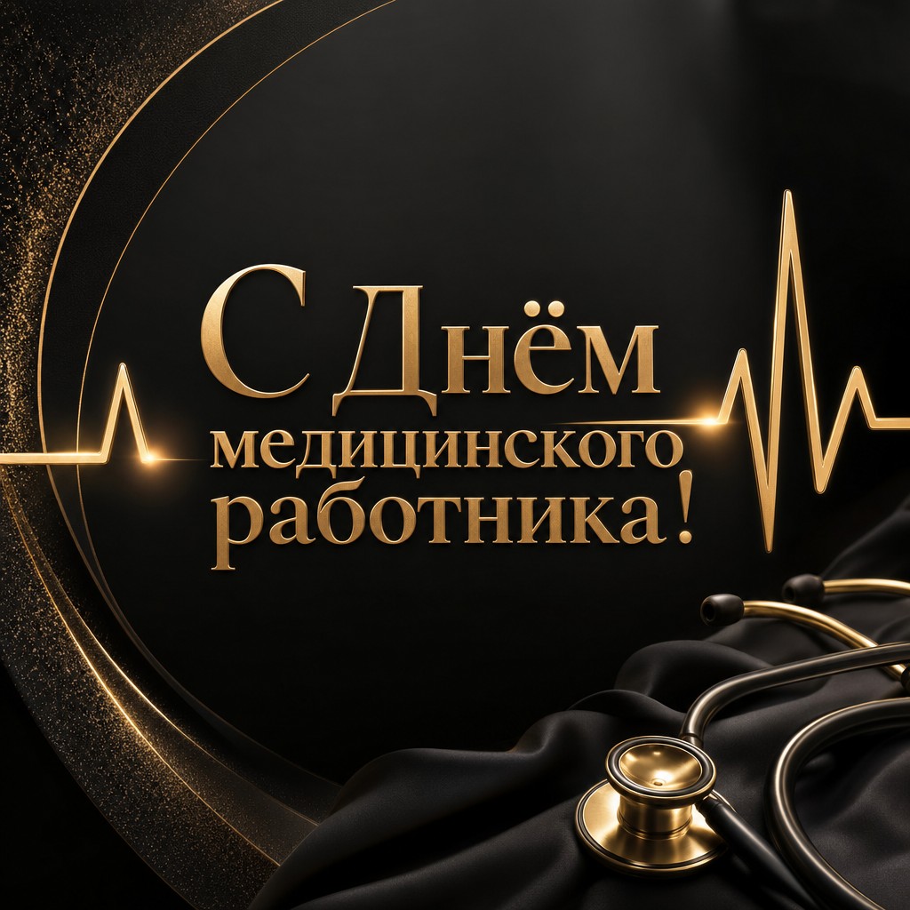 Лаконичная премиальная открытка ко Дню медицинского работника с золотой линией пульса.