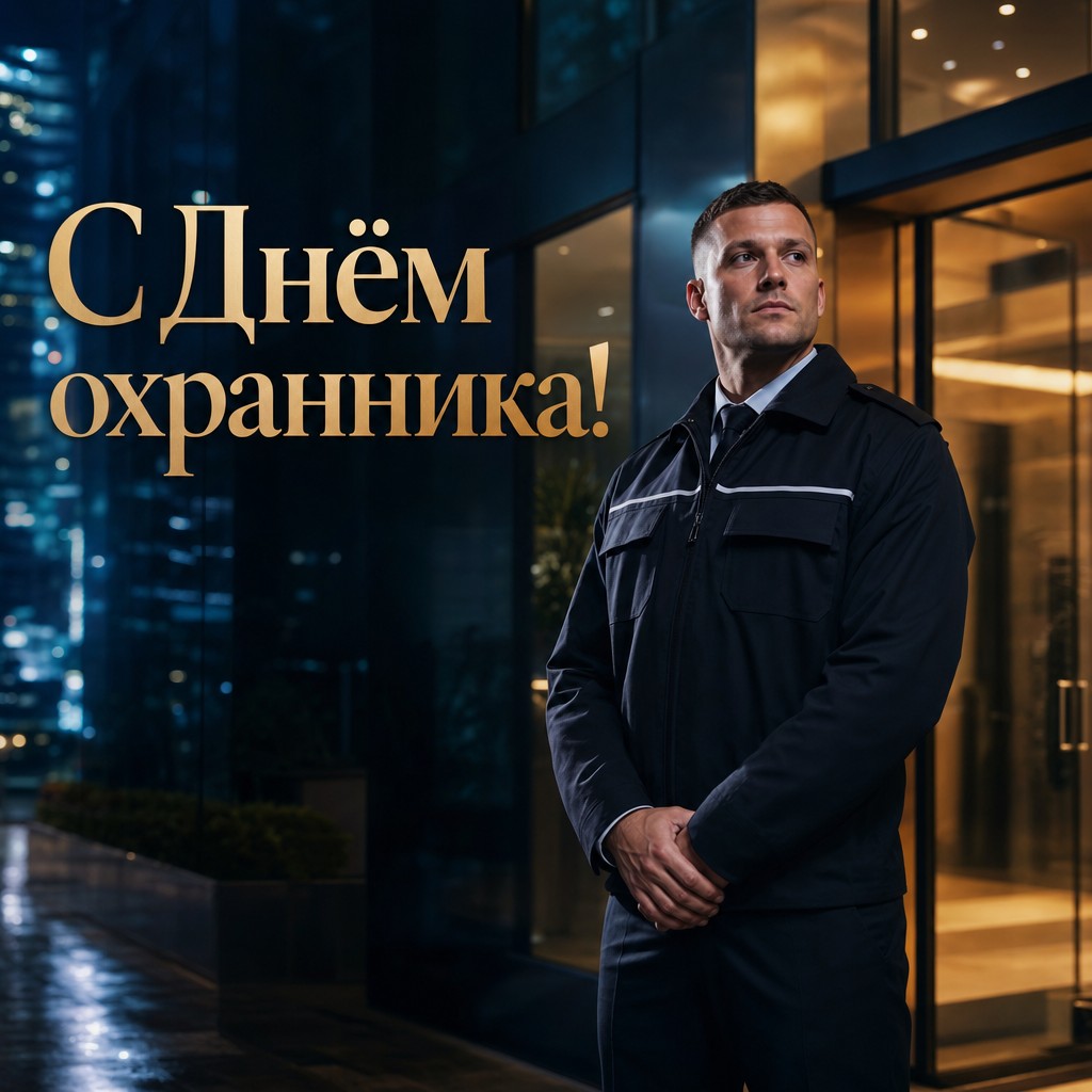 Стильная открытка с Днём охранника: ночная вахта, современный вход и премиальная атмосфера.
