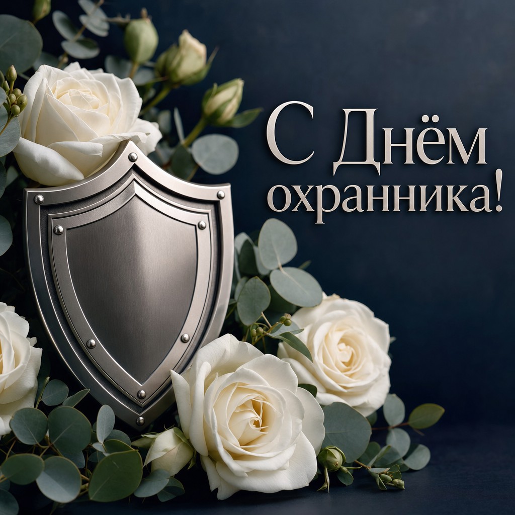 Элегантная открытка с Днём охранника с символом защиты, белыми розами и серебристыми акцентами.