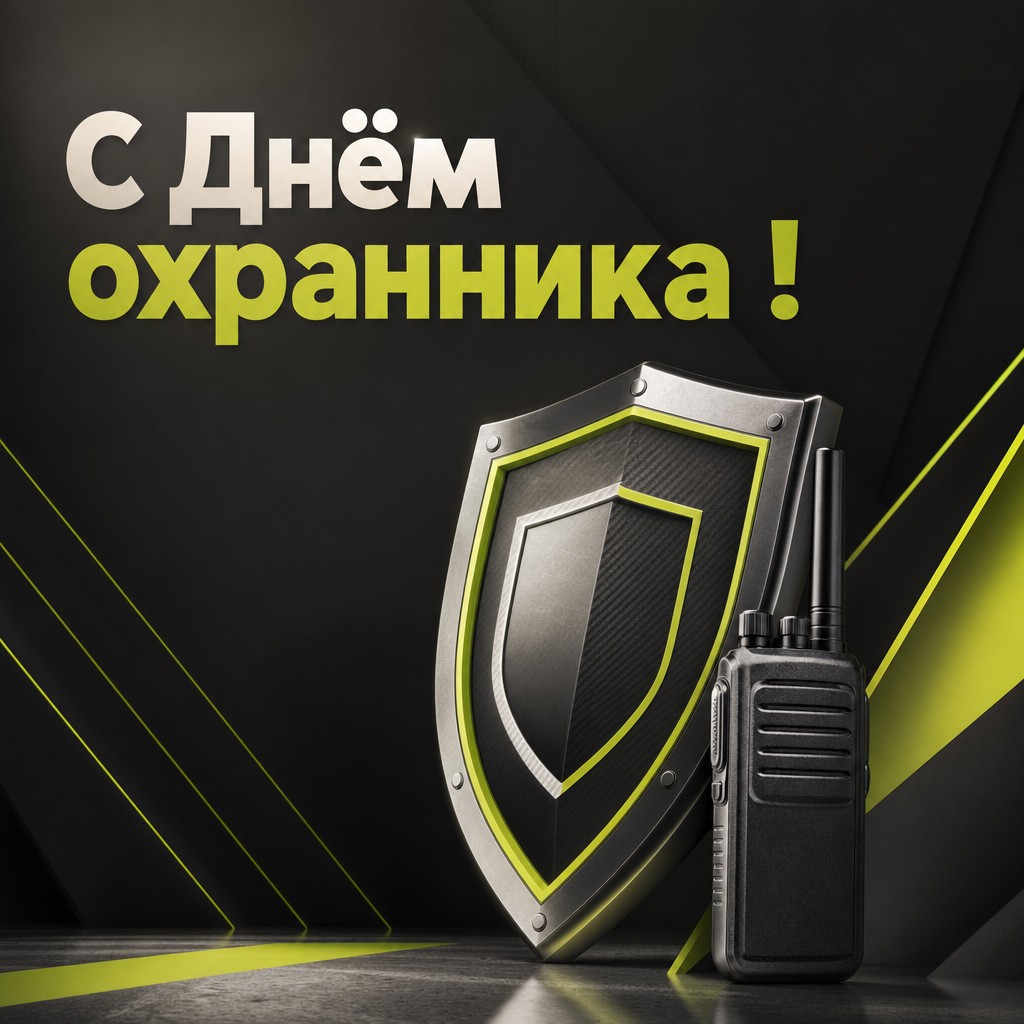 Современная открытка с Днём охранника: щит, рация и строгая графичная композиция.