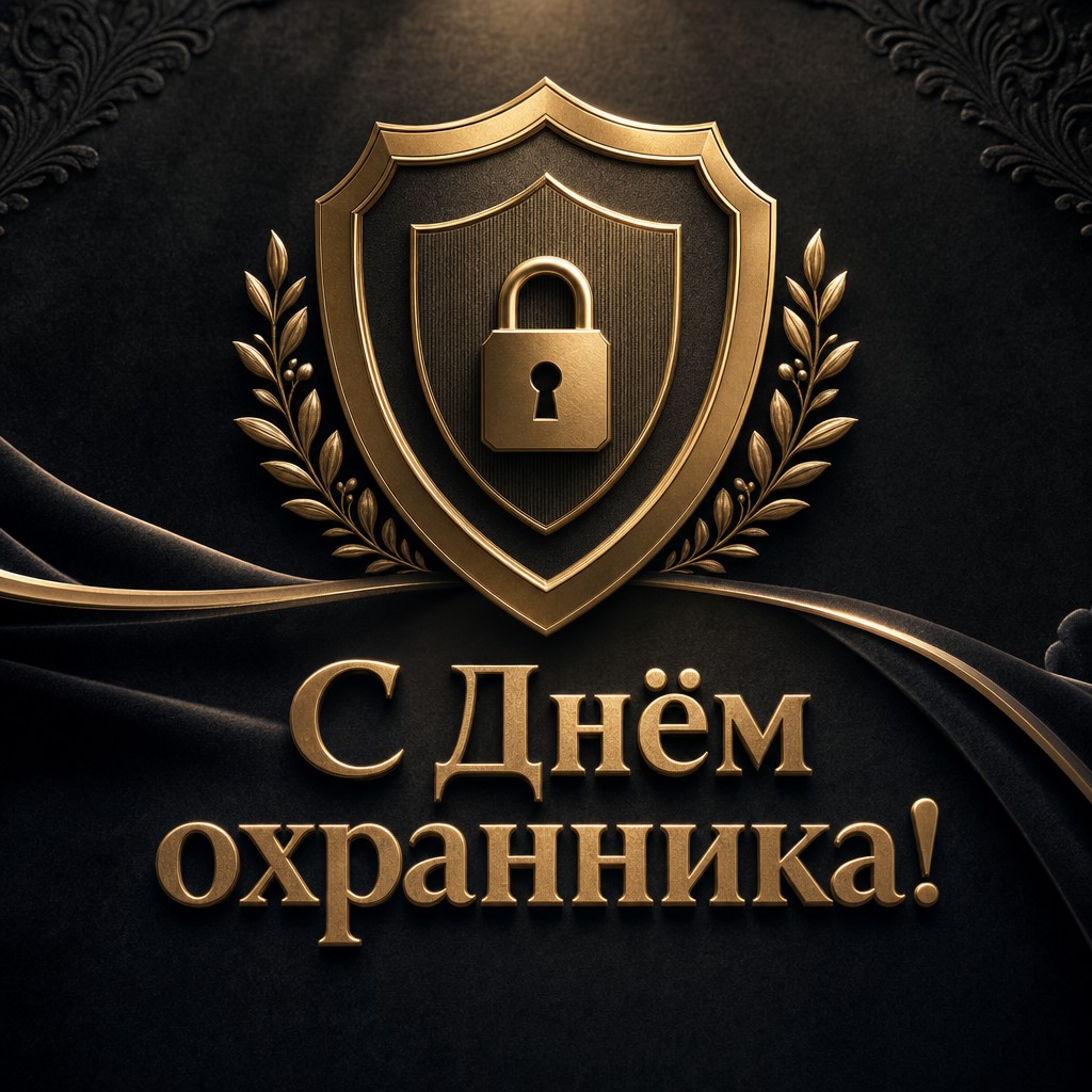 Премиальная поздравительная открытка с Днём охранника с золотым бейджем на бархатном фоне.
