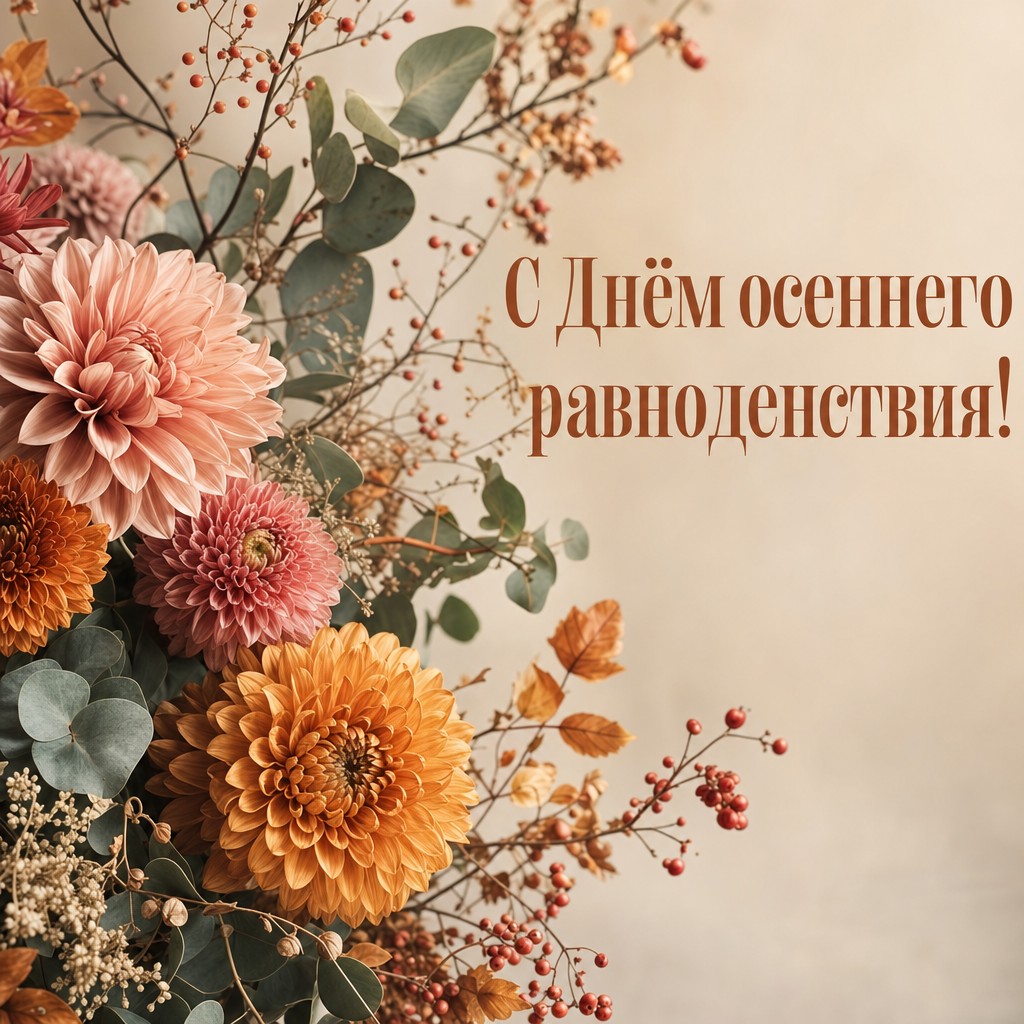 Нежная цветочная открытка к Дню осеннего равноденствия с осенним букетом хризантем и веток.