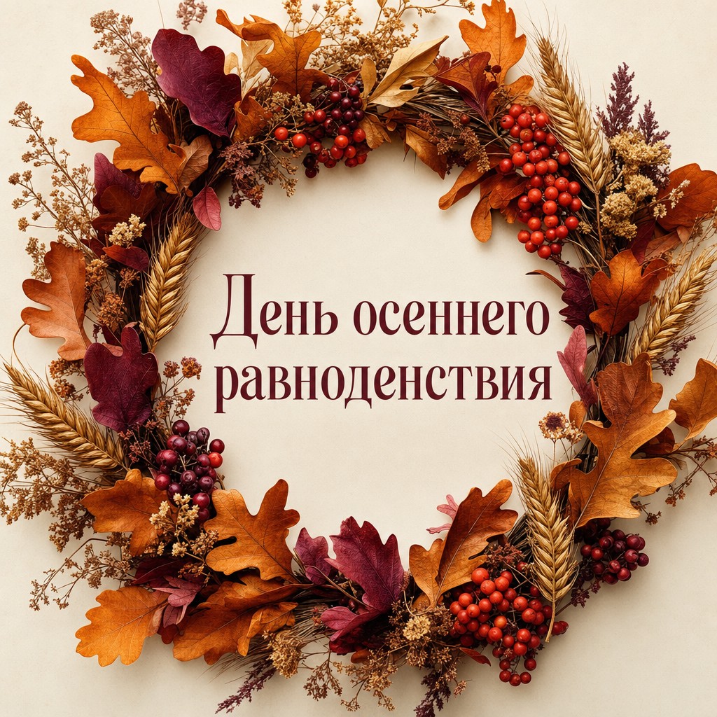 Элегантная открытка к Дню осеннего равноденствия с венком из листьев, ягод и колосьев.