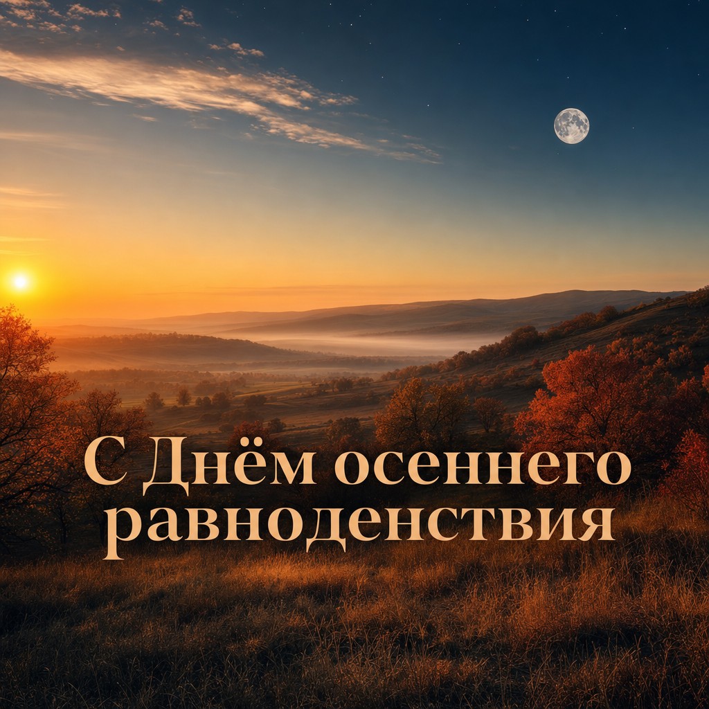 Премиальная открытка к Дню осеннего равноденствия с солнцем, луной и тёплым осенним горизонтом.