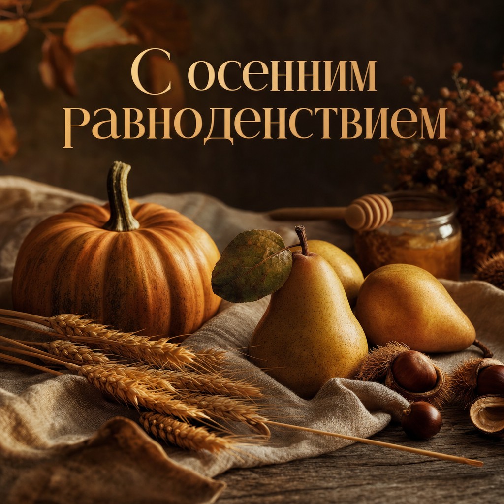 Уютная открытка к Дню осеннего равноденствия с тыквой, грушами и колосьями в тёплом свете.