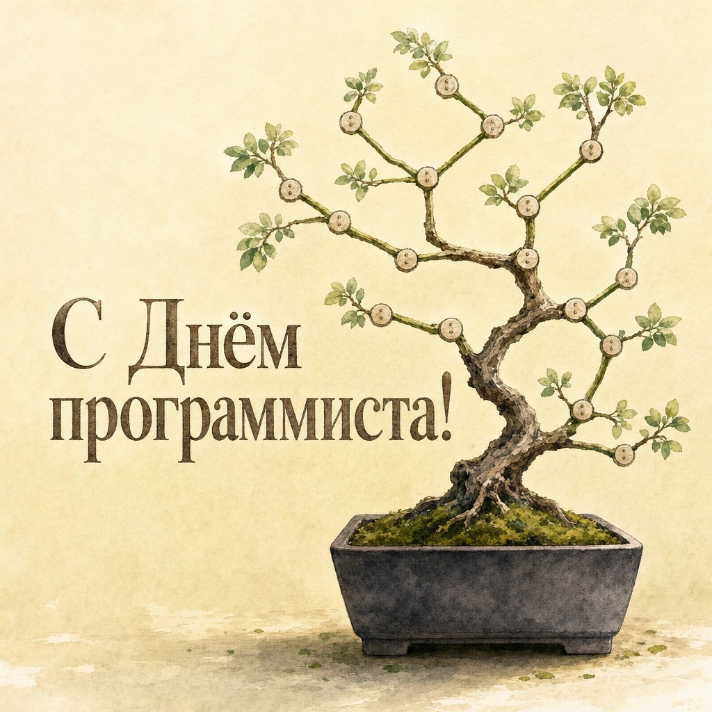 Нежная акварельная открытка с Днём программиста с бонсай в виде ветвлений кода.