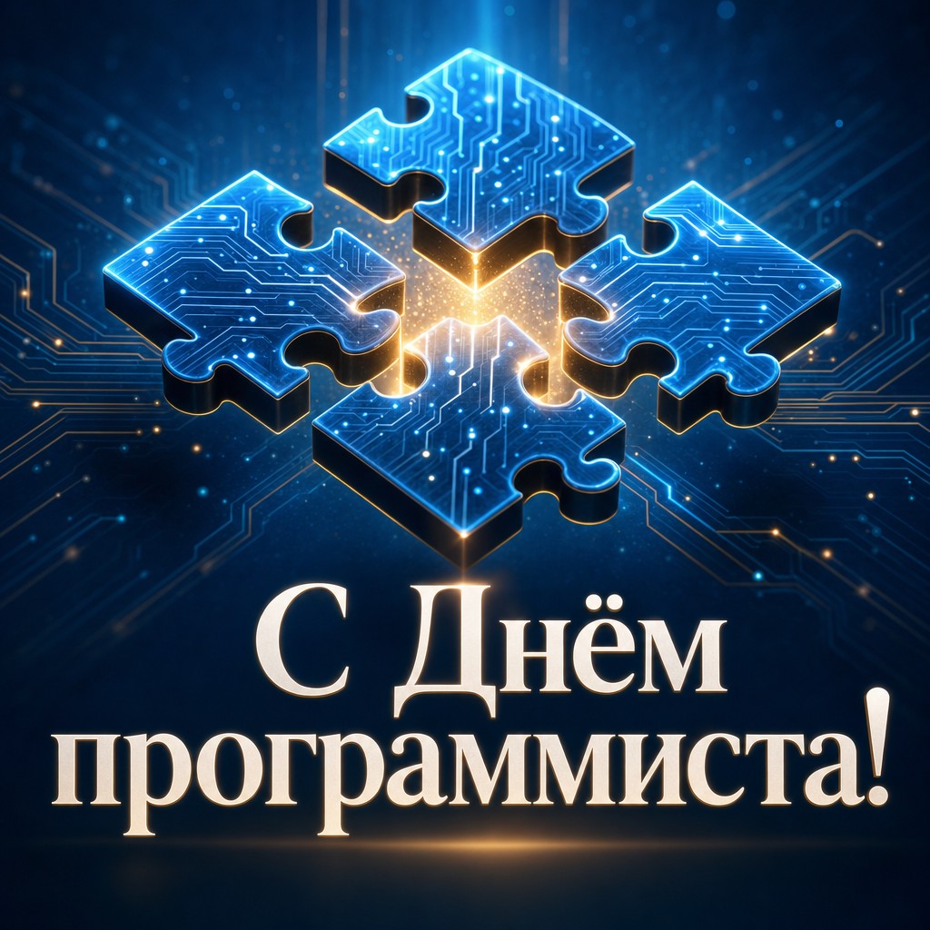 Умная открытка с Днём программиста с цифровым пазлом и сияющими схемами.