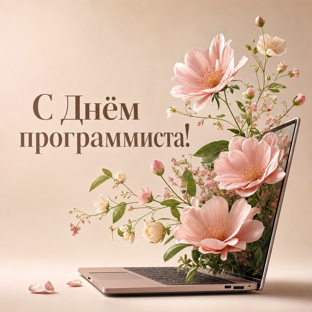 Изысканная открытка с Днём программиста с ноутбуком и нежными цветами из экрана.