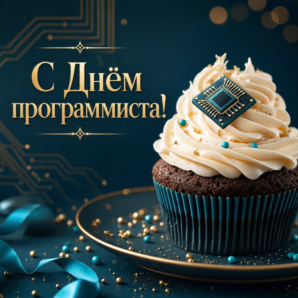 Праздничная открытка с Днём программиста с кексом, кремом и техно-декором.