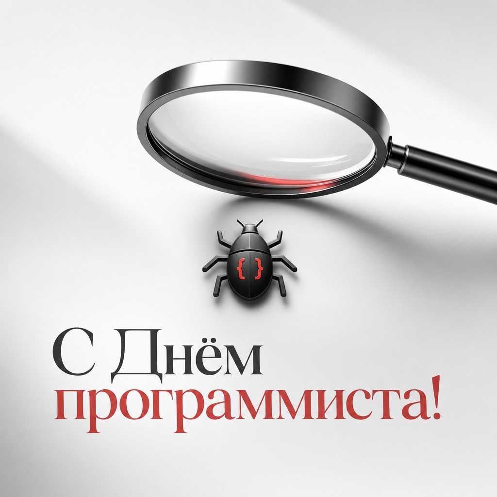 Стильная открытка с Днём программиста с лупой и символом бага для темы дебага.