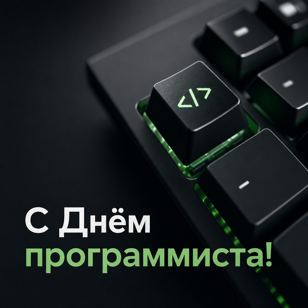 Лаконичная открытка с Днём программиста с механической клавиатурой и неоновой подсветкой.