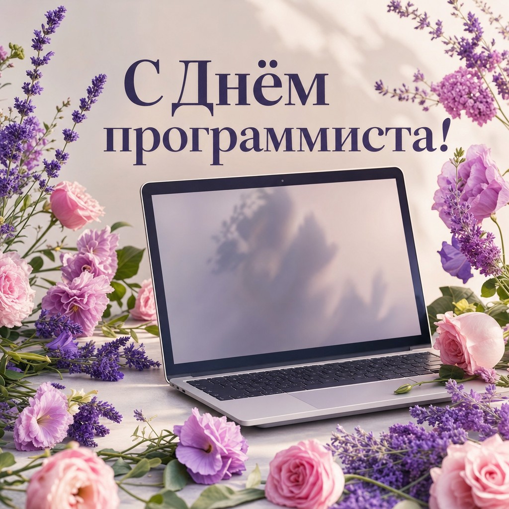 Нежная открытка с Днём программиста с ноутбуком, лавандовыми и розовыми цветами.
