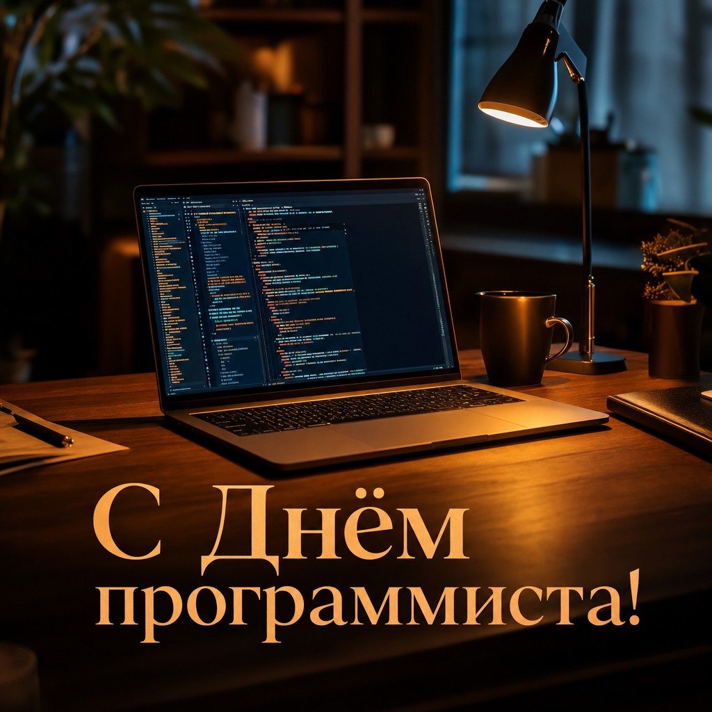 Стильная открытка с Днём программиста: ноутбук, код и тёплая атмосфера рабочего места.