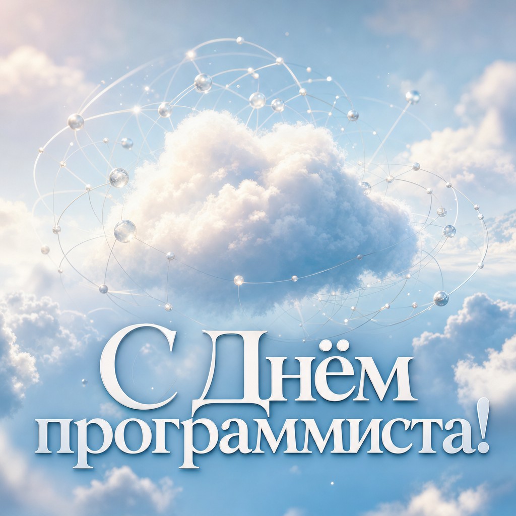 Лёгкая открытка с Днём программиста с облаком API и мягкими пастельными оттенками.