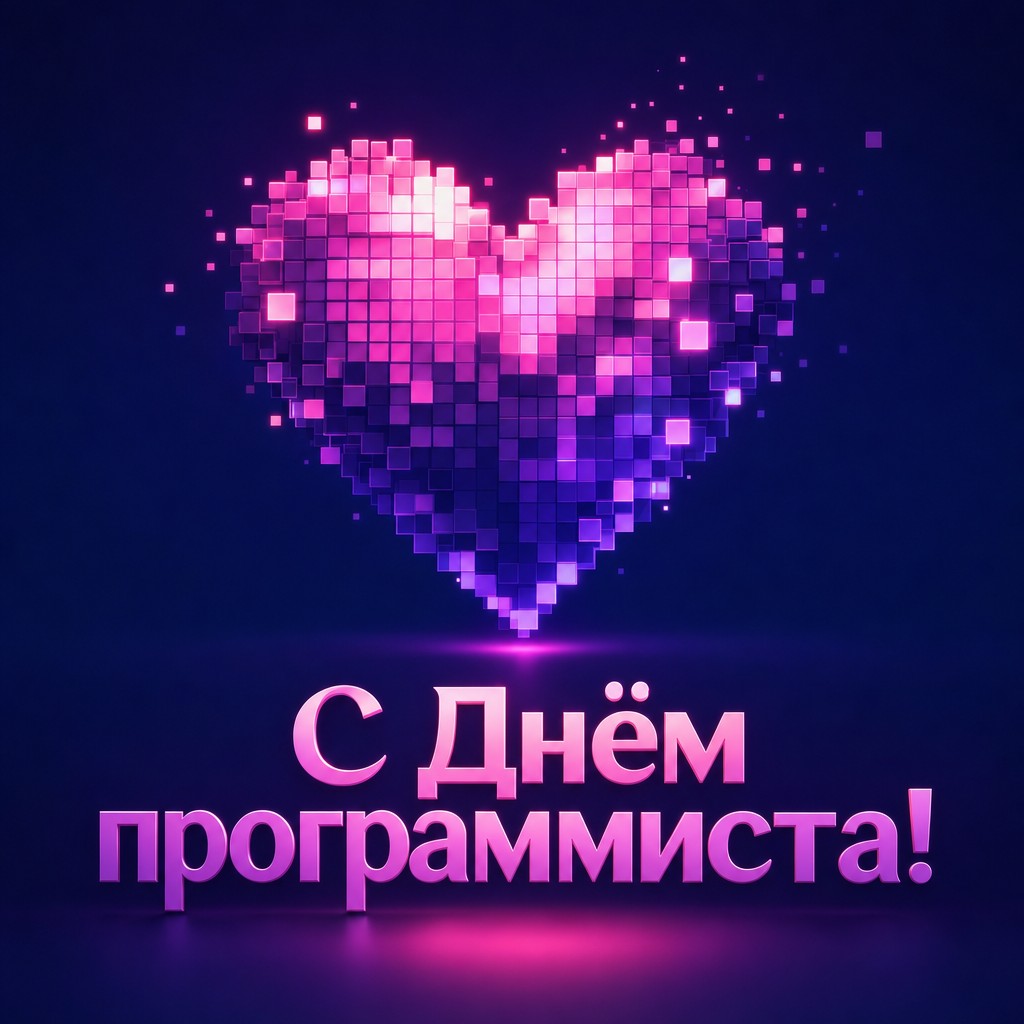 Современная открытка с Днём программиста с пиксельным сердцем и неоновым свечением.