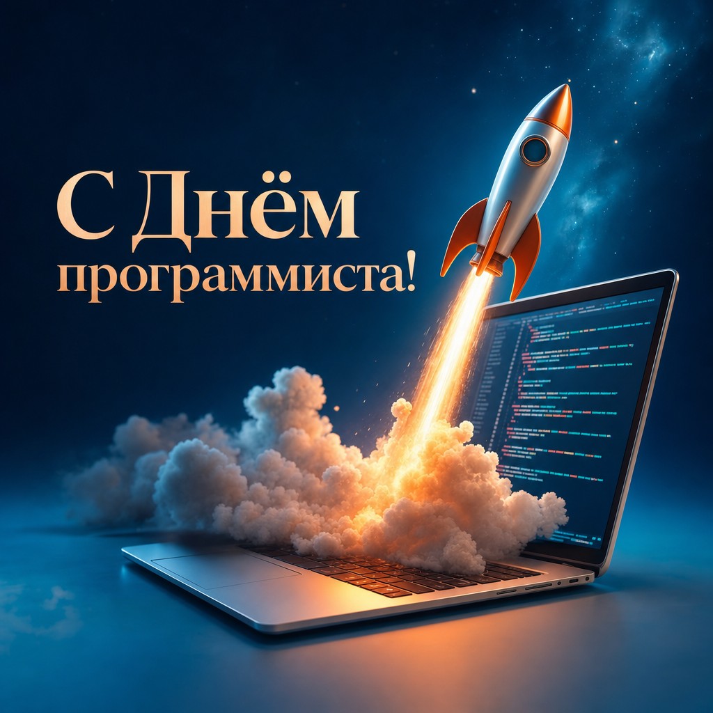Энергичная открытка с Днём программиста с ракетой-деплоем и ноутбуком.