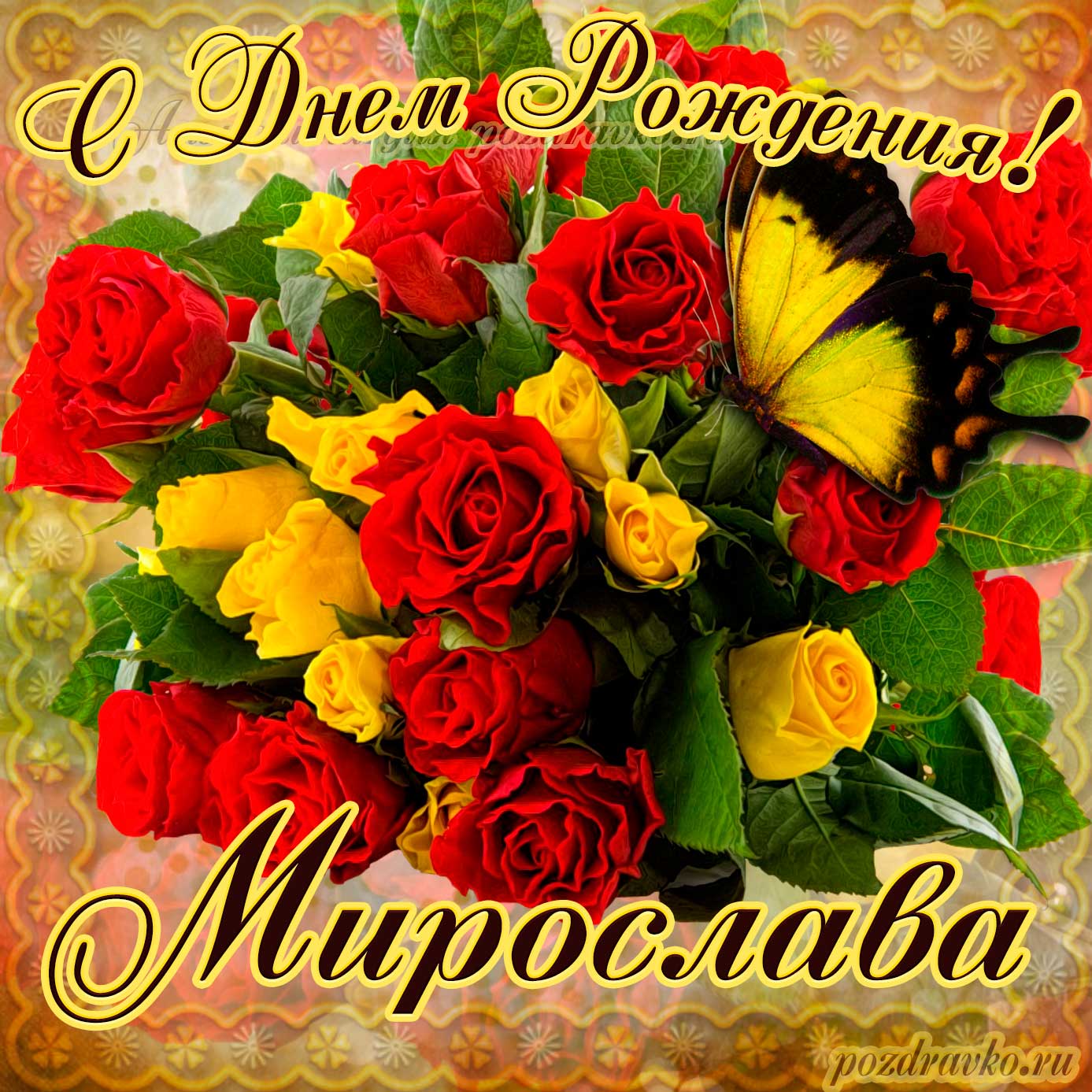 Открытка - на День Рождения Мирославе с букетом желтых и красных роз. Скачать бесплатно или отправить картинку.
