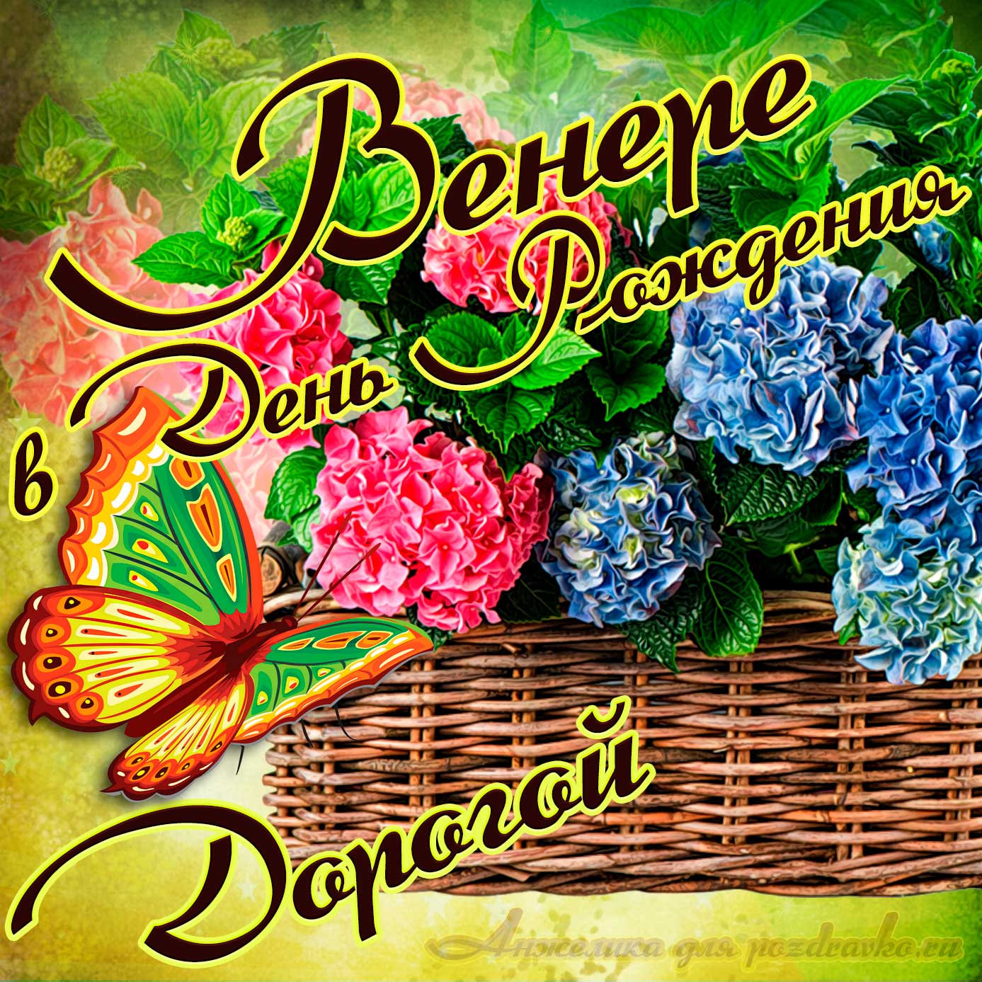 Открытка - дорогой Венере в День рождения с корзинкой цветов. Скачать бесплатно или отправить картинку.