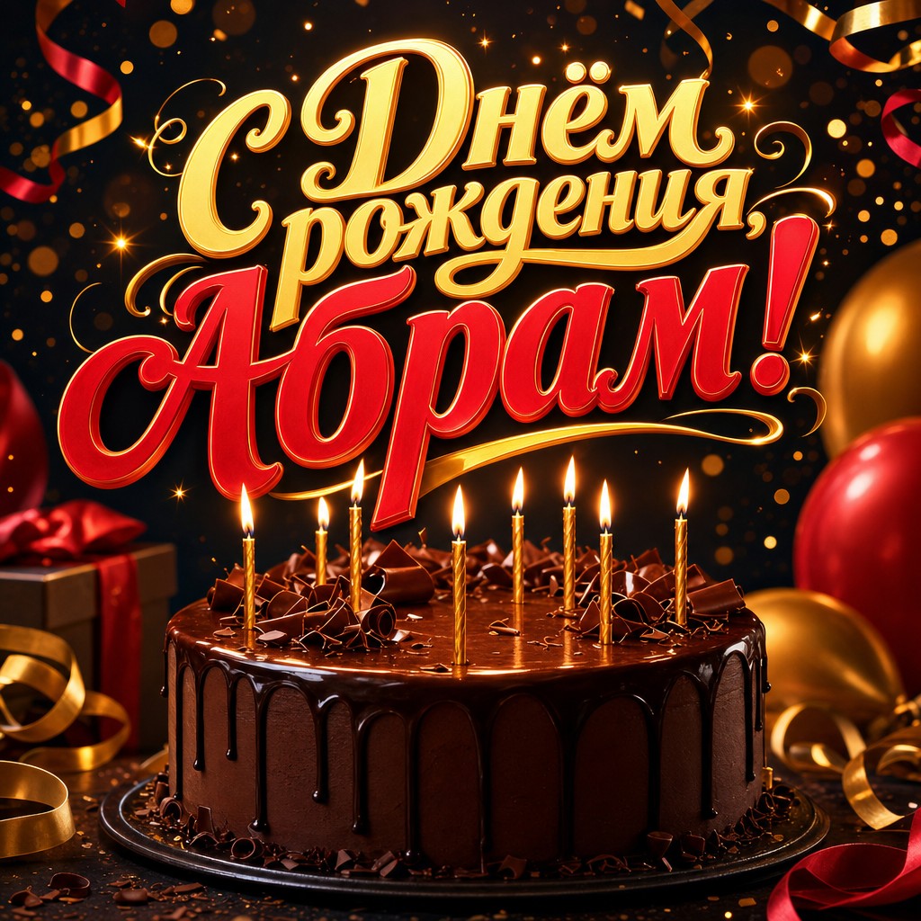 Стильная открытка с Днем Рождения Абраму: шоколадный торт, свечи и тёплое праздничное настроение.