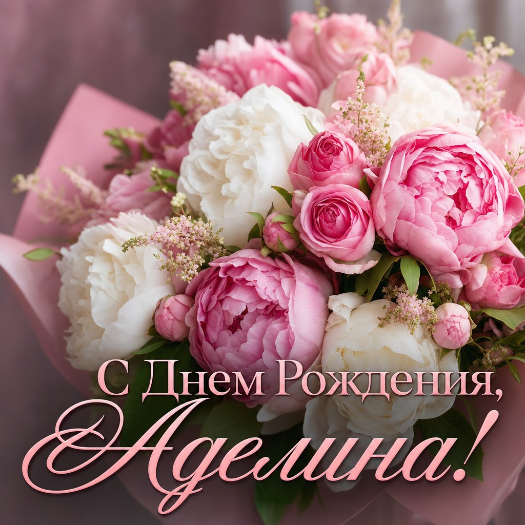 Яркая открытка с букетом цветов для Дня Рождения Аделины.