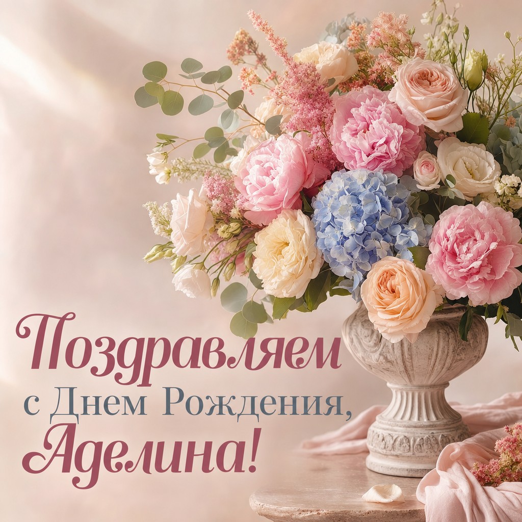 Романтическая открытка с винтажными цветами для Дня Рождения Аделины.