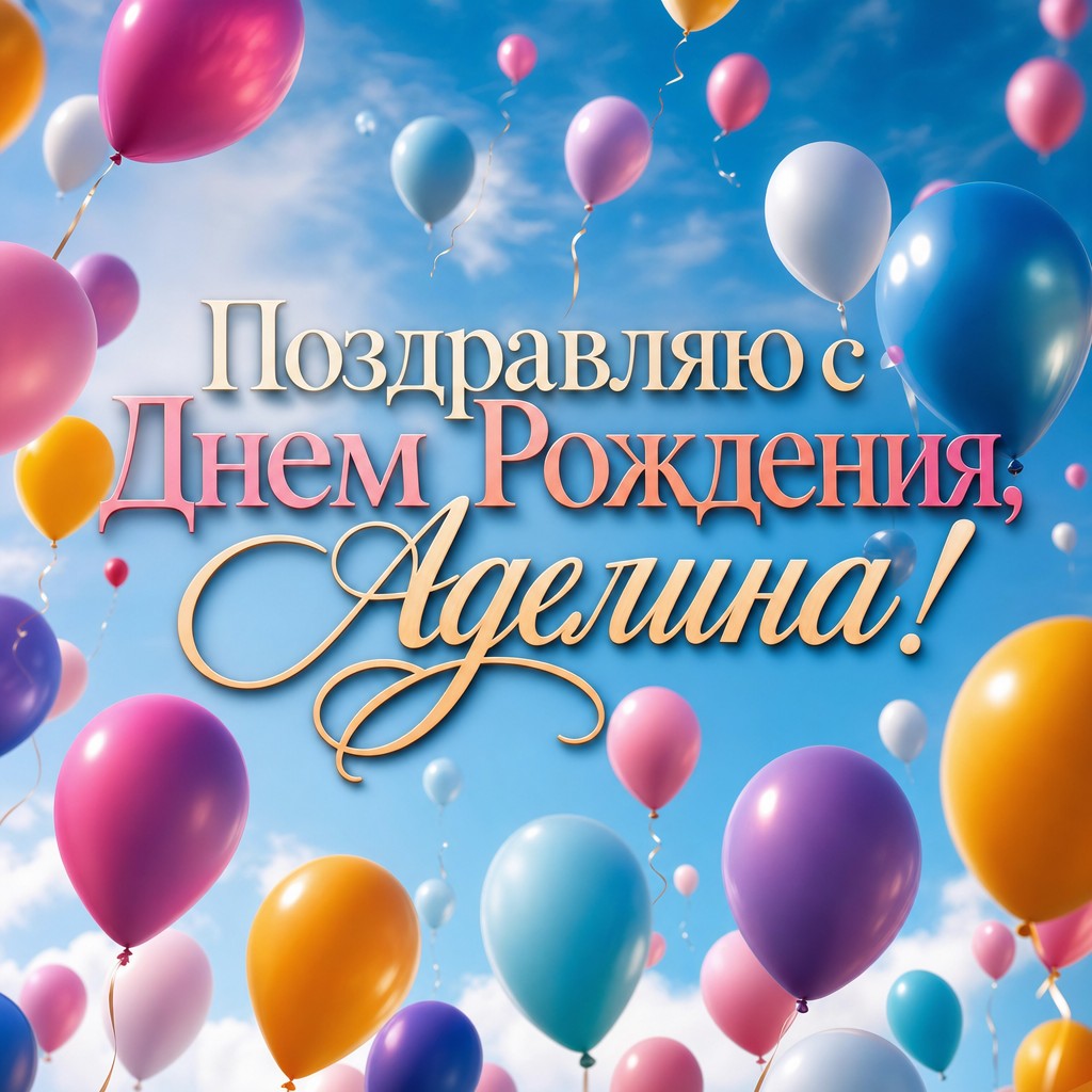Яркая открытка с воздушными шарами для Дня Рождения Аделины.