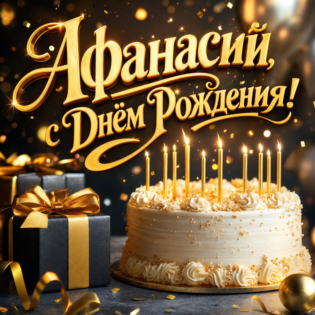 Стильная открытка Афанасию на день рождения с праздничным тортом, свечами и тёплым кинематографичным светом.