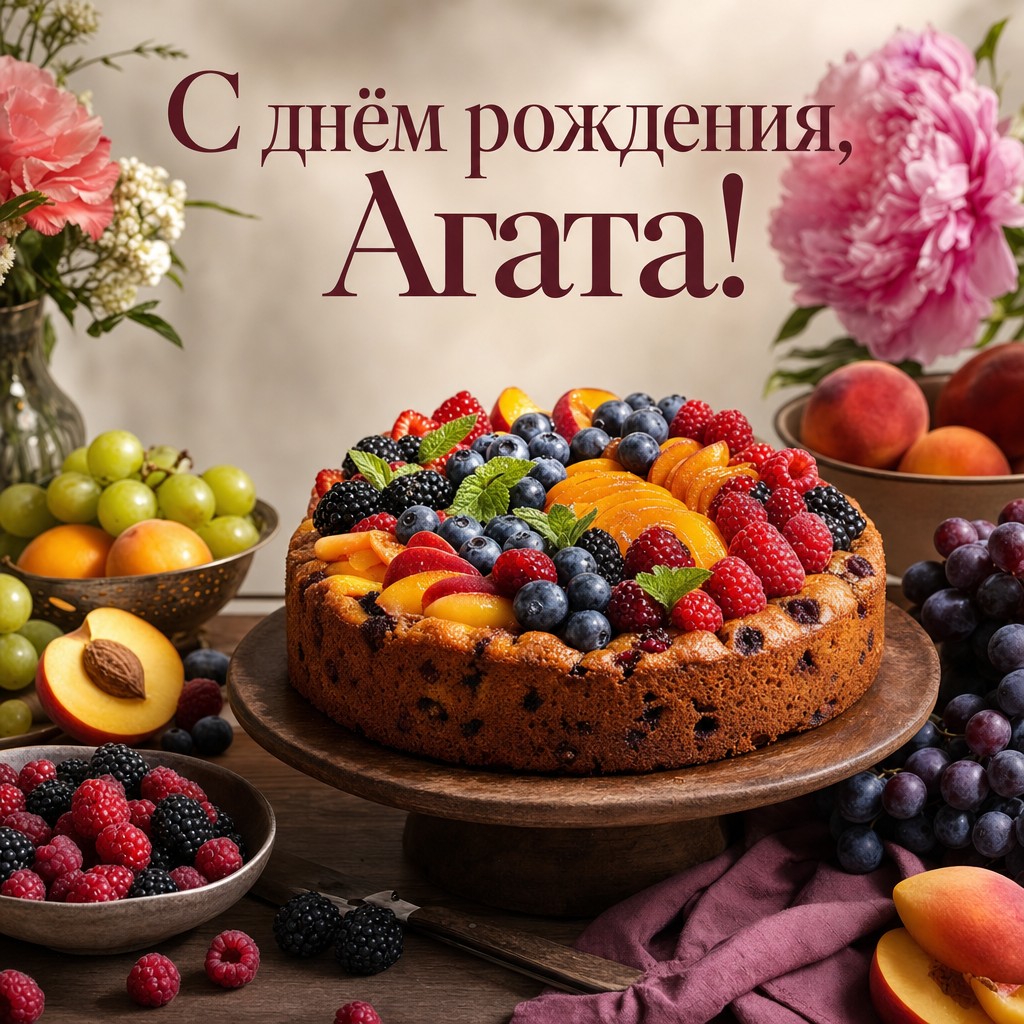 Яркая открытка с днем рождения для Агаты с фруктовым тортом.