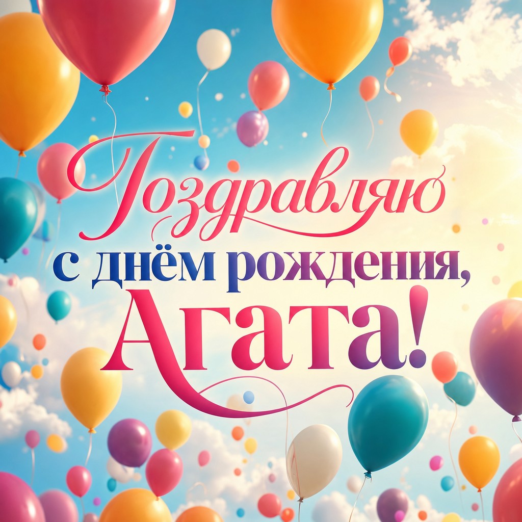 Яркая открытка с днем рождения для Агаты с воздушными шарами.