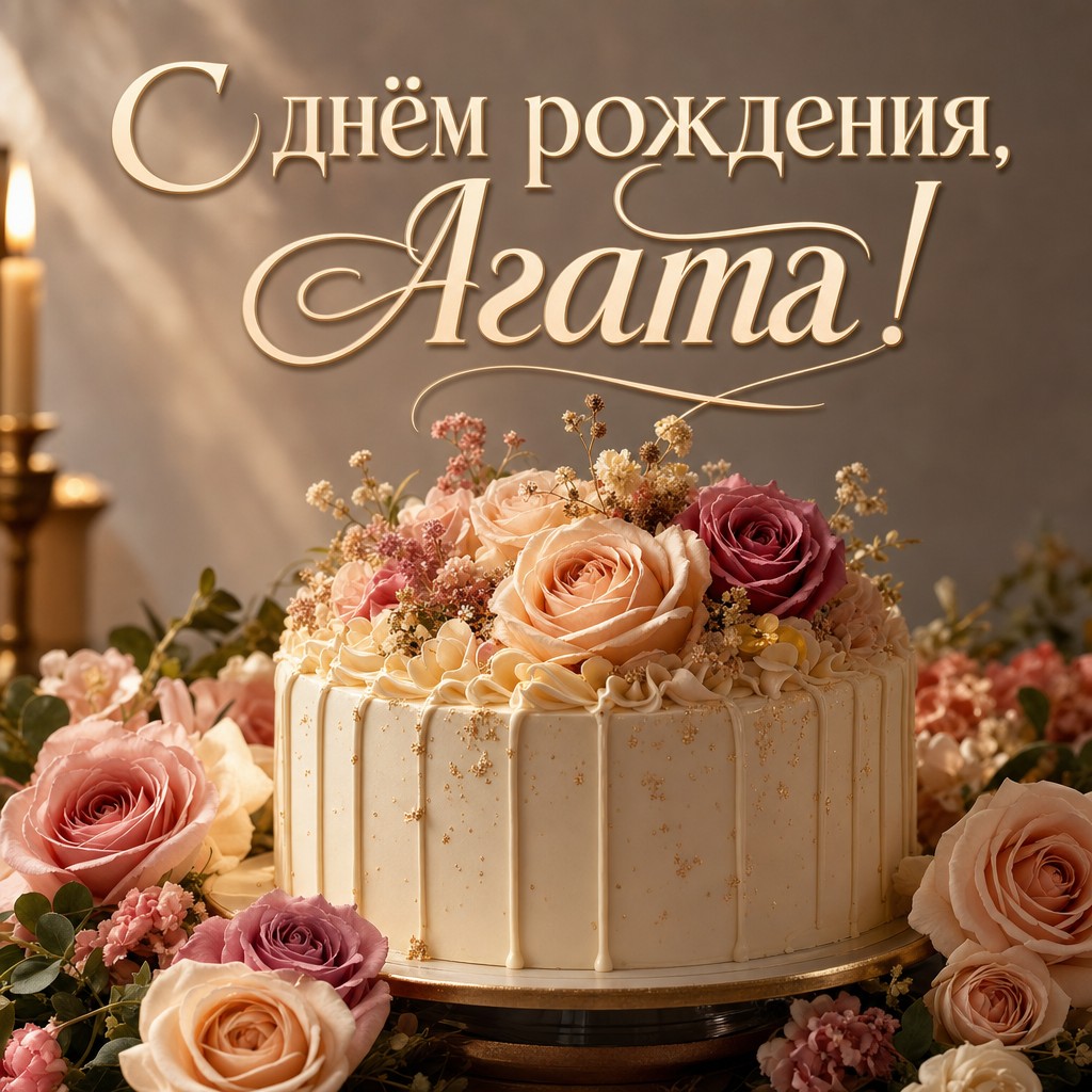 Яркая открытка с днем рождения для Агаты с тортом и цветами.