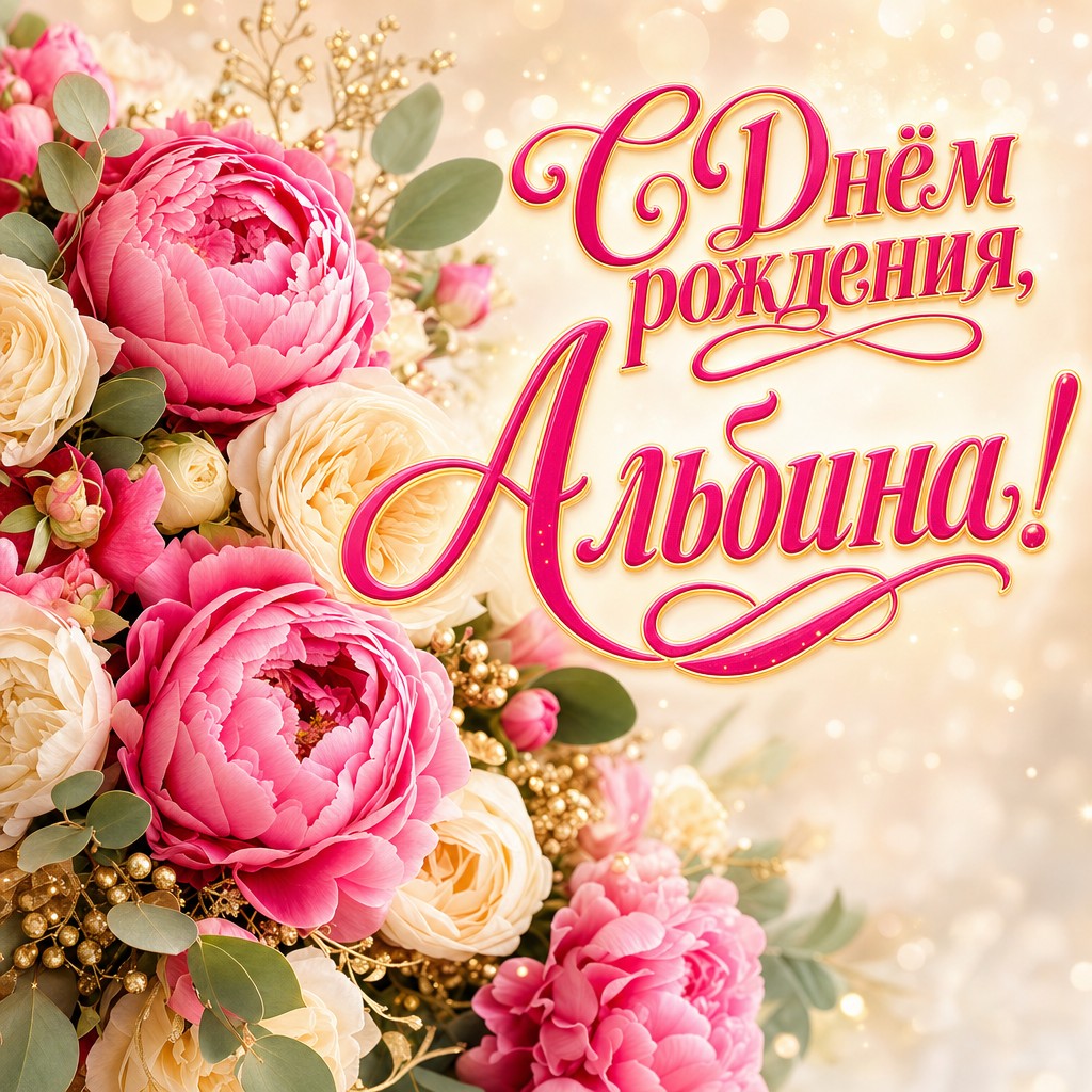 Нежная премиальная открытка с Днем Рождения Альбине: розовые пионы, кремовые розы и светлая элегантная палитра.