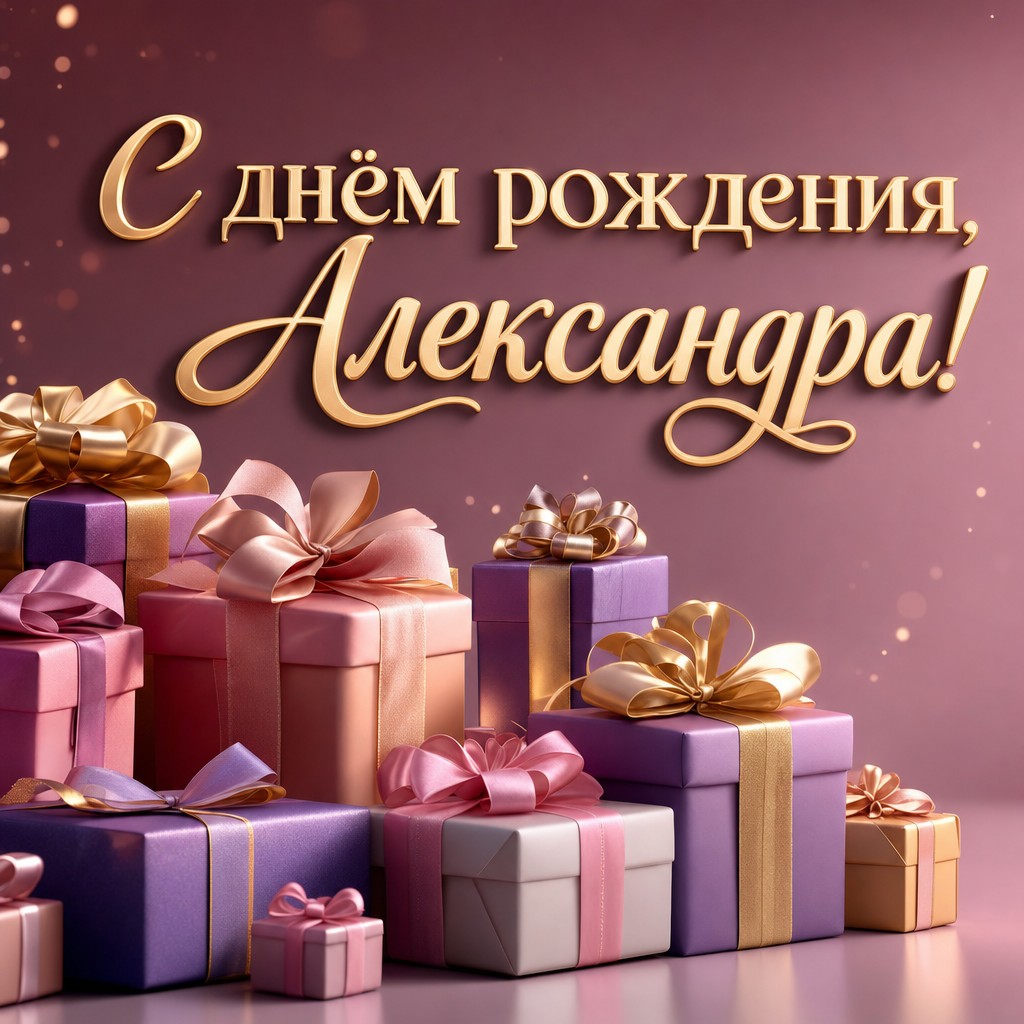 Отправьте Александре открытку с 3D иллюстрацией подарков на ее день рождения.