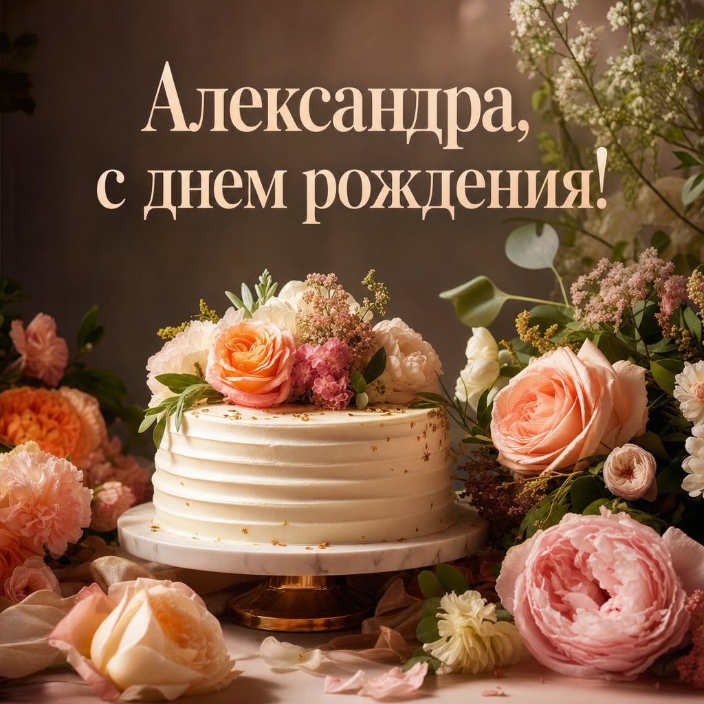 Элегантная открытка с цветами и тортом для дня рождения Александры.