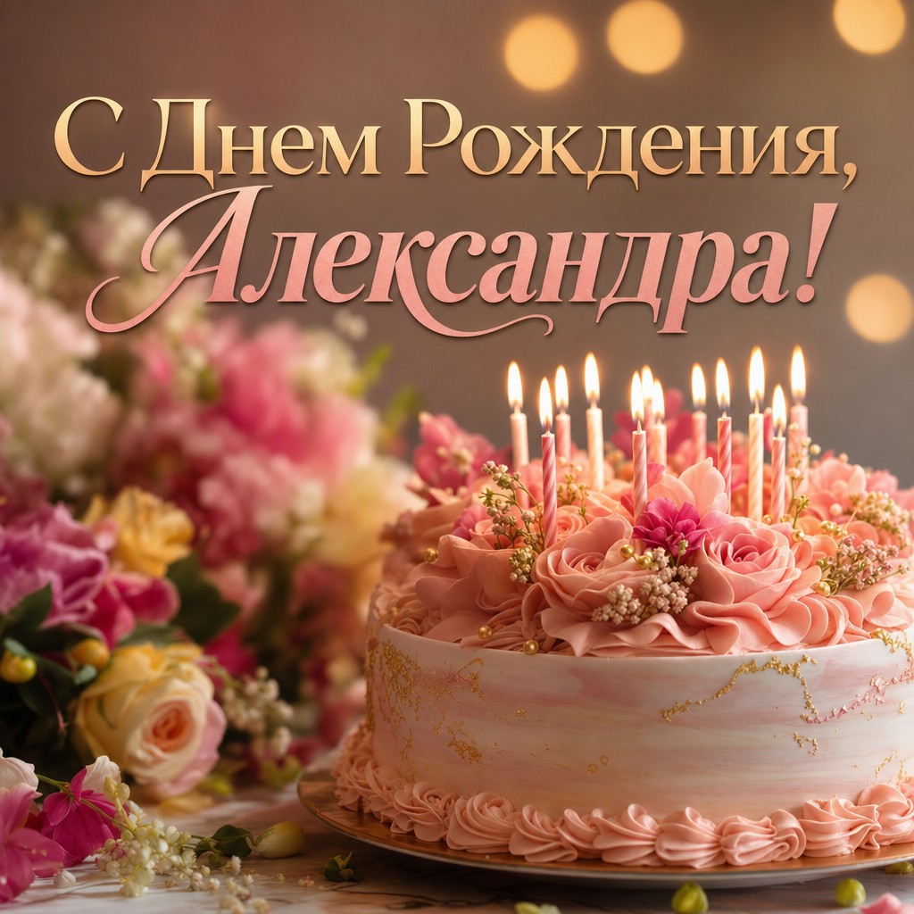 Поздравьте Александру с днем рождения, отправив открытку с красивым тортом.