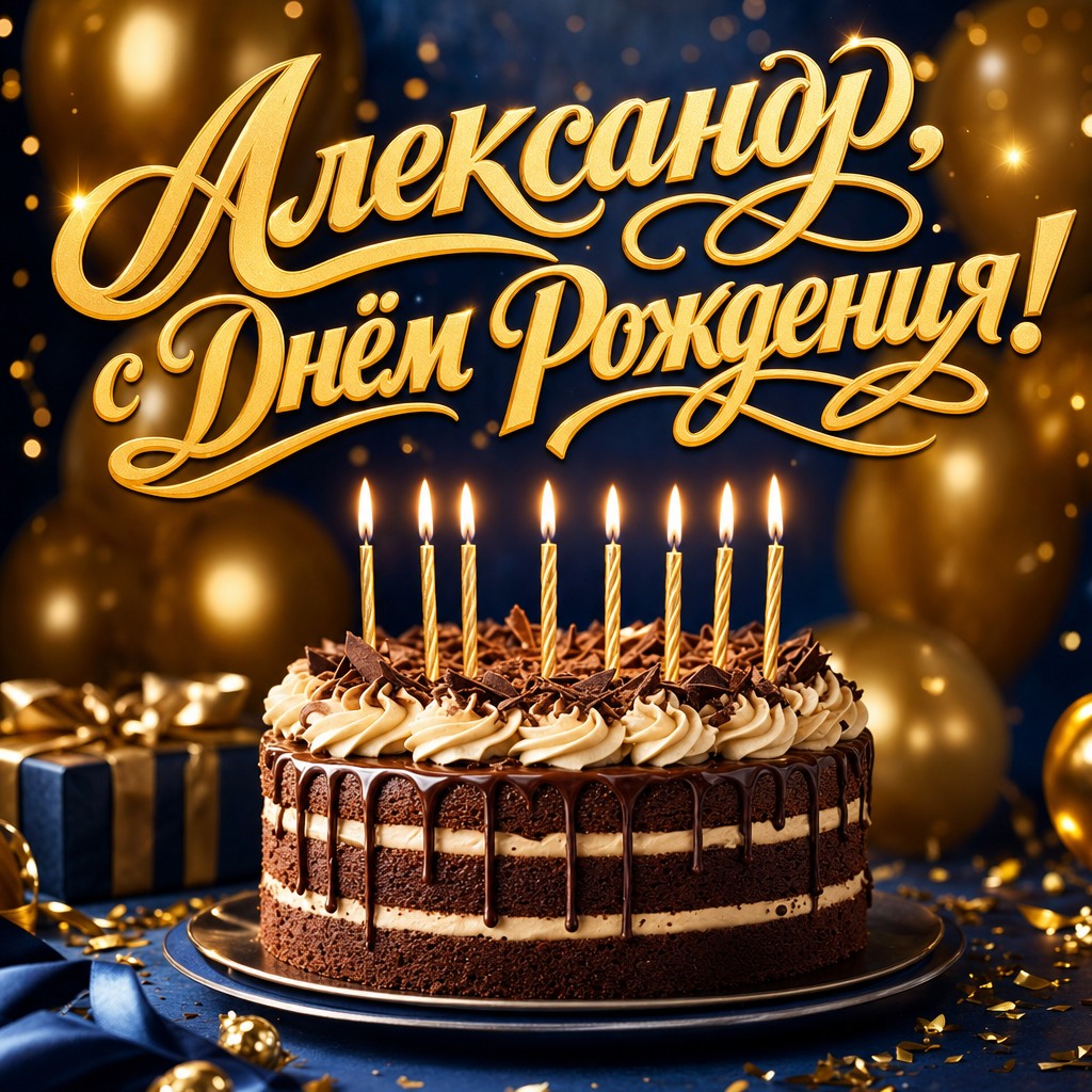 Премиальная открытка Александру на день рождения: шоколадный торт, свечи и золотые шары в стильной тёмно-синей палитре.