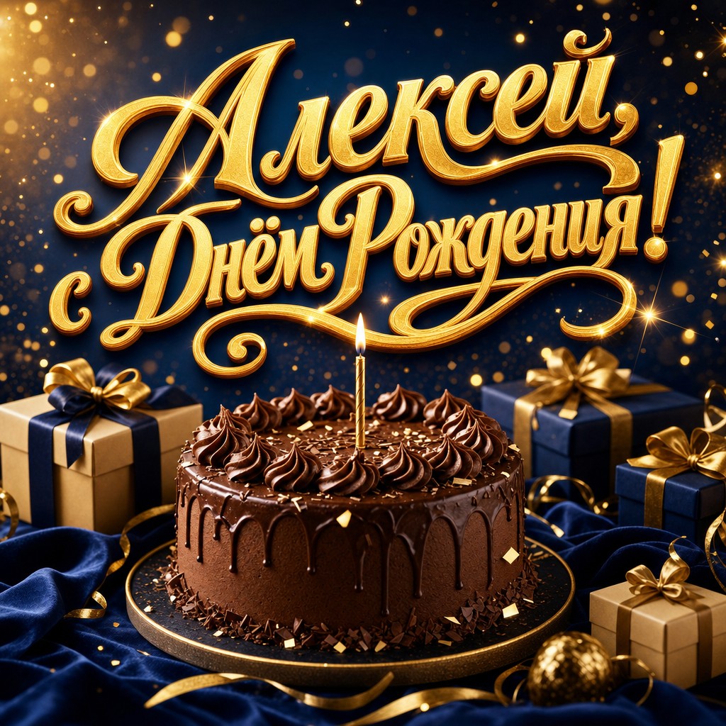 Премиальная открытка для Алексея на день рождения: шоколадный торт, свеча и подарки в стильной темно-синей палитре.