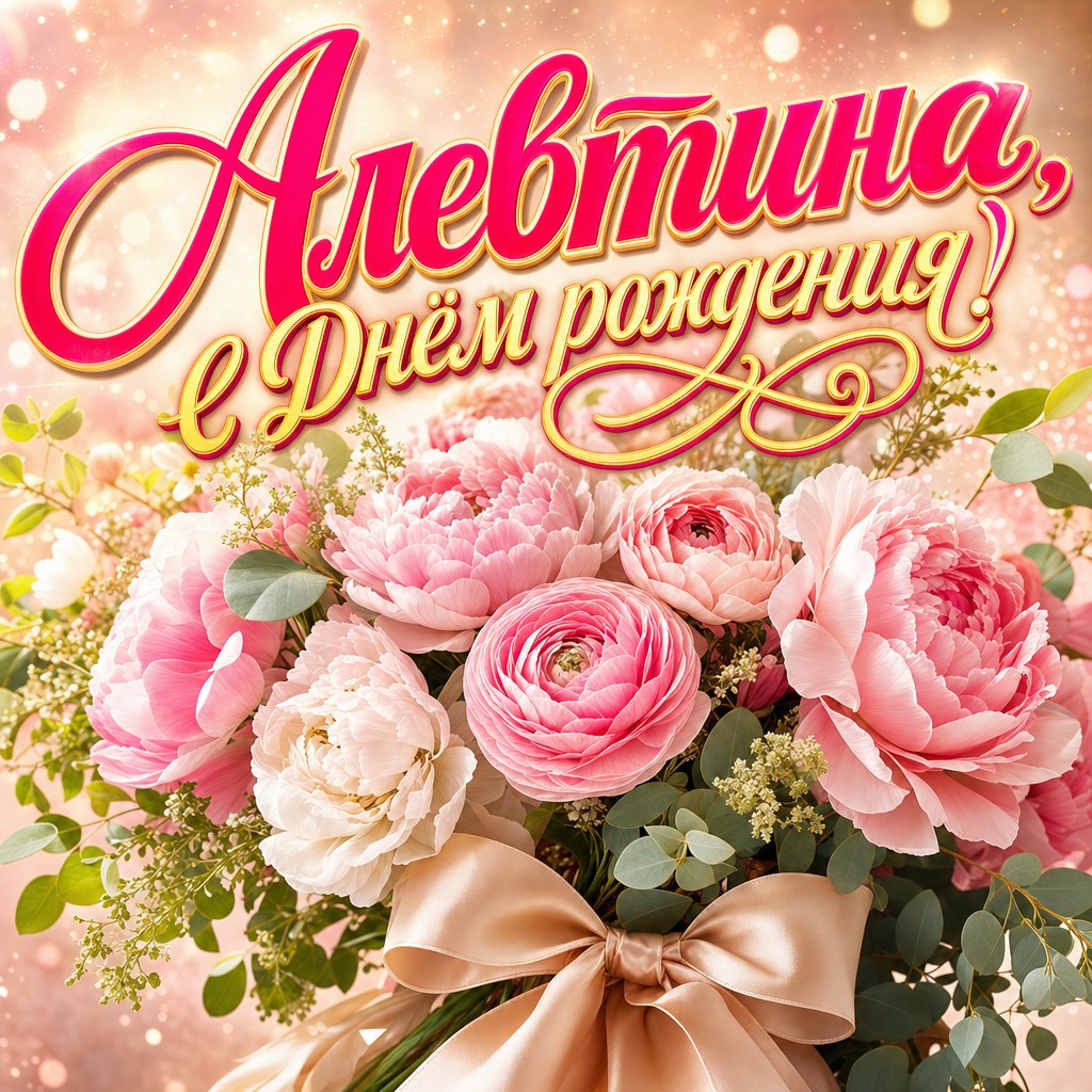 Нежная премиальная открытка Алевтине на день рождения с розовыми пионами, зеленью и шелковой лентой.